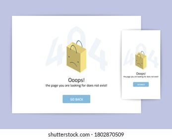 Page not found 404 design concept template. error page flat line vector. Link to a non-existent page. frowning bag illustration