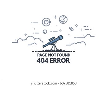 Page not found 404 design tamplate. 404 error page flat line concept. Link to a non-existent page. Telescope searching planets and stars in the sky. Clouds and cosmos view