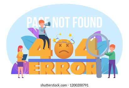 Page not found, 404 error banner. Small people stand near 404 error words. Poster for presentation, social media, banner, web page. Flat design vector illustration