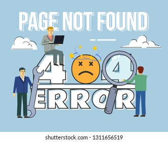 Page not found, 404 error banner. People stand near 404 error words. Poster for presentation, social media, banner, web page. Flat design vector illustration