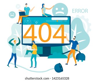 Page not Found 404 Error on Monitor, Puzzled People with Gadgets. Man Repair Bug with Internet Connection on Computer, Frustrated Male and Female Characters Metaphor Cartoon Flat Vector Illustration