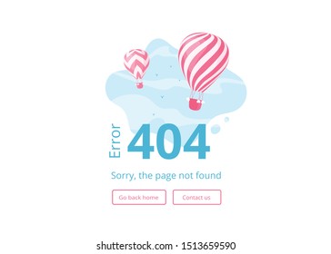 Page not found 404 error website vector illustration. Red stripes hot air balloons on blue skyscape with error 404 sign and interface template for website warning page on travel booking mobile app