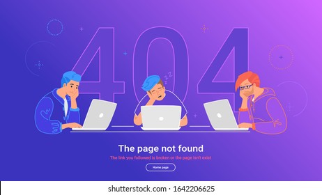 The page not found 404 error. Flat vector illustration of upset teenagers sitting at work desk with laptops and sleeping. 404 error and three guys using notebooks having problems with broken web page