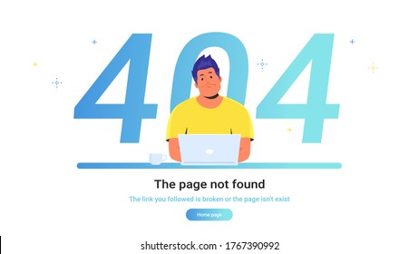 The page not found 404 error. Gradient vector illustration of upset man sitting at work desk with laptop and seeing 404 error. People using website and having problems due to broken web page