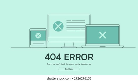 Page Not Found 404 Error Concept On The Website And Having Problems Due To Broken Web Page On Laptop Computer And Tablet Screens, Flat Vector Illustration