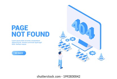 Page not found - 404 error concept. Landing page or web banner template.  Vector illustration in isometric style. Isolated on white background.