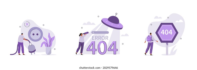 Page not found and 404 error set. Under constructions and system maintenance concept.  Characters working in software development industry. Flat cartoon vector illustration and icons set.