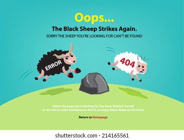 Page not found, 404 error. Black sheep chasing white sheep concept.