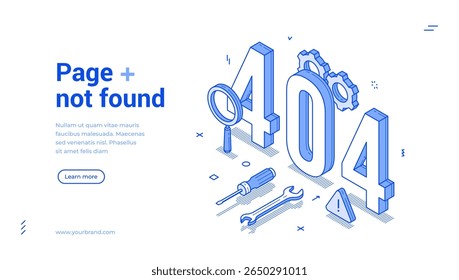Página não encontrada 404 erro em construção esboço isométrico internet banner design modelo vetor ilustração. Mensagem de erro de conexão: página inicial de informações de suporte técnico on-line