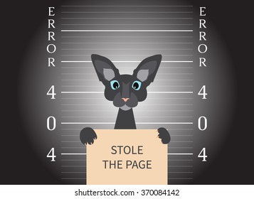 Page Not Found. 404 Error Creative Design. Mugshot Of A Cat In A Lightspot. Arrested Sphinx At A Police Station Holding A Sign. Isolated Vector Illustration.