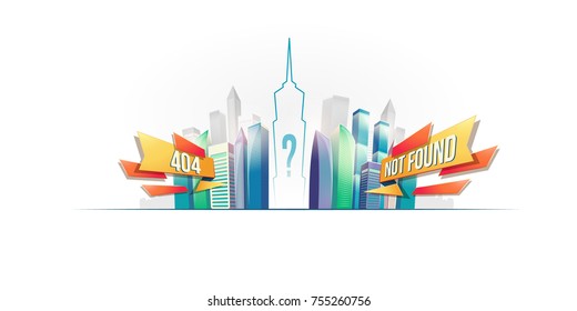 Page not found, 404 error message, nonexistent, vector cartoon web page template design with cityscape isolated on white background