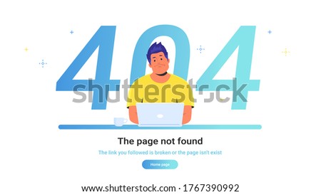 The page not found 404 error. Gradient vector illustration of upset man sitting at work desk with laptop and seeing 404 error. People using website and having problems due to broken web page