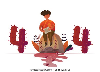 page not found 404 Man holding map lost at desert Vector concept illustration, Suitable For Wallpaper, Banner, Background, Card, Book Illustration, And Web Landing Page