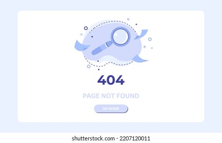 Page not found banner template. Design template for web page with 404 error. Flat illustration of magnifying glass icon