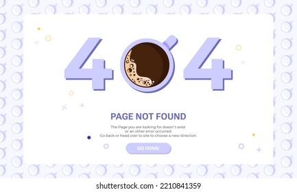 Page not found banner template. Flat illustration of coffee cup for design template for web page with 404 error