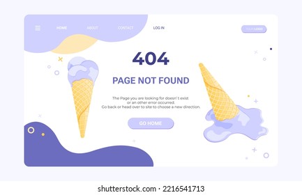 Página no encontrada plantilla de banner. Página Web con error 404. Ilustración plana de la fusión y derrame de helados del cono de gofre para la plantilla de diseño de error y fallo