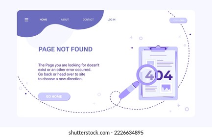 Page not found banner template. Landing page template for web page with 404 error. Flat illustration of clipboard with magnifying glass and document with pics and on purple background