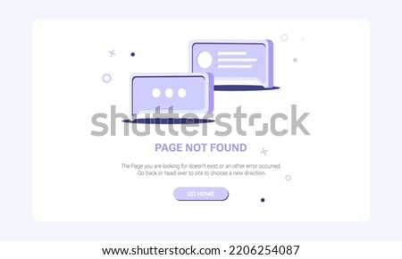 Page not found banner template. Design template for web page with 404 error. Flat illustration of speech message bubble icon on purple background