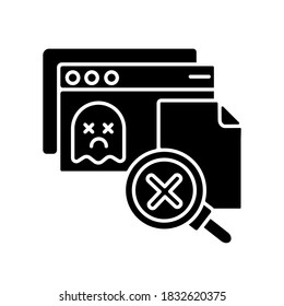 Page not found black glyph icon. 404 error message, problem notification silhouette symbol on white space. Bad web response, HTTP status code, failed website connection. Vector isolated illustration