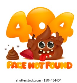 Page not found concept, 404 error web page with cute cartoon poop emoji character. Template for web and mobile design. Link to a non-existent page. Vector illustration