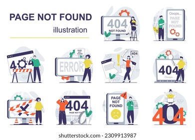 Page not found concept with character situations mega set. Bundle of scenes people having problems with connection, seeing error text or 404 mistake on screens. Vector illustrations in flat web design