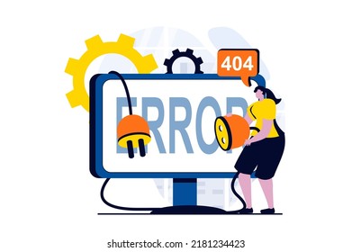 Página no encontrada concepto con la escena de la gente en diseño de caricaturas planas. La mujer tiene problemas técnicos en el funcionamiento del sitio web y 404 errores en pantalla de computadora. Historia visual de ilustración de vector para web