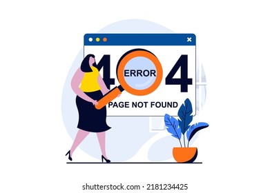 Page not found concept with people scene in flat cartoon design. Woman with magnifier looking for site with disconnects problem and fixing 404 access errors. Vector illustration visual story for web