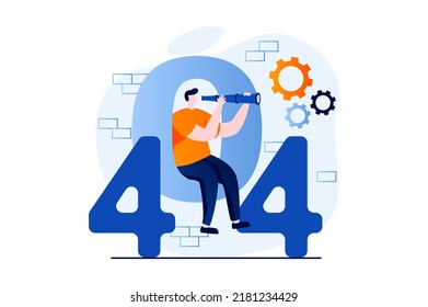 Page not found concept with people scene in flat cartoon design. Man with spyglass looking for site with disconnects problem and 404 access error warning. Vector illustration visual story for web