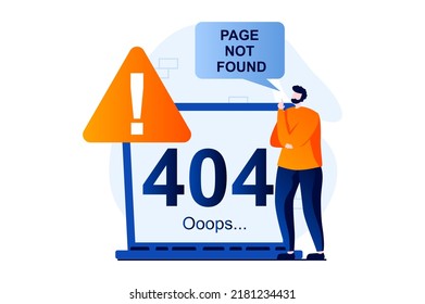 Page not found concept with people scene in flat cartoon design. Man sees broken website sign with 404 error disconnect and page crash on laptop screen. Vector illustration visual story for web