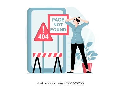 Page not found concept with people scene in flat design. Upset woman standing by announcement message boards with error 404 mistake and problem. Vector illustration with character situation for web