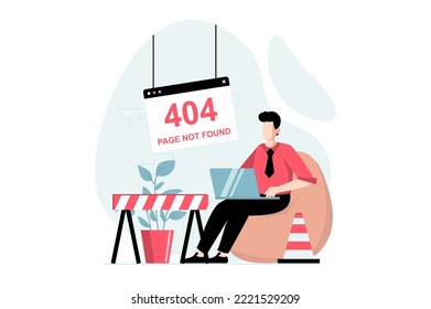 Page not found concept with people scene in flat design. Man works on laptop and receives news of problems with Internet connection or site server. Vector illustration with character situation for web