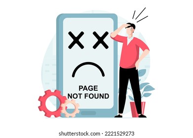 Page not found concept with people scene in flat design. Man tries to connection to site and failed, internet connection is broken and problems. Vector illustration with character situation for web