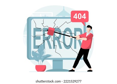 Page not found concept with people scene in flat design. Man receives message about error of connection to site and breaks computer screen. Vector illustration with character situation for web