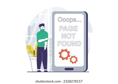 Page not found concept with people scene in flat design for web. Man sees message of website connection problems on mobile screen. Vector illustration for social media banner, marketing material.
