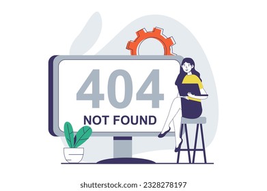 Page not found concept with people scene in flat design for web. Woman sees message of website connection problems on computer screen. Vector illustration for social media banner, marketing material.