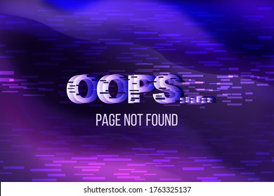 Page not found concept with word “Oops”, digital pink noise. Abstract 404 error background in neon colors. Violet and pink warning banner for web pages.  