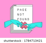 Page not found design template. Conceptual line art illustration with two hands going to touch together and multiple tabs on the background.