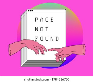 Page not found design template. Conceptual line art illustration with two hands goind to touch together, multiple tabs on the background.