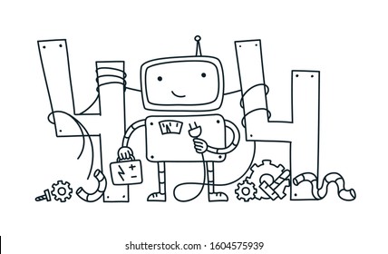 Page not found error 404. Robot fix repair. Figures, gear wires and spare parts. Hand drawn sketch vector line contour.