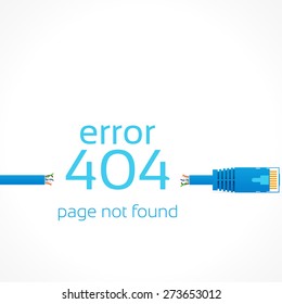 Page not found Error 404, broken blue patch cord isolated over white background