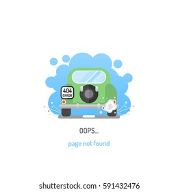 Page not found. Error 404. Background with car. Vector flat illustration.