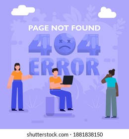 Page not found error. Group of people stand near big screen with 404 page. Modern vector illustration