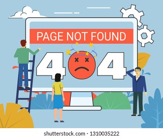 Page not found error. People stand near big screen with 404 error page. Poster for social media, web page, banner, presentation. Flat design vector illustration