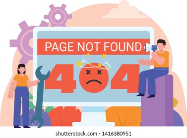 Page not found error. People stand near big screen with 404 error page. Poster for social media, web page, banner, presentation. Flat design vector illustration