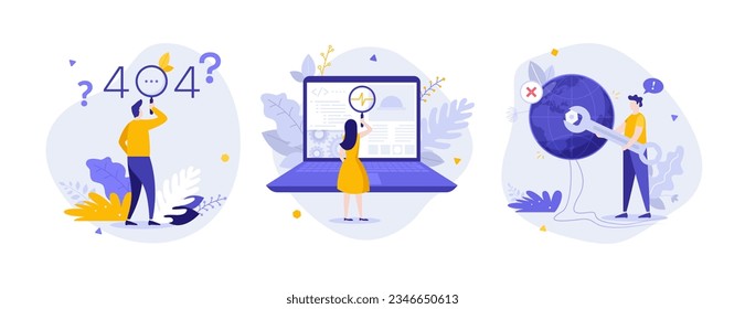 Page Not Found Error, web page maintenance and diagnostics flat vector illustrations set. Technical issues in webpage work. Cartoon concepts for web design. Creative idea for website, presentation