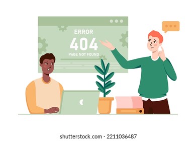 Page not found green concept with people scene in the flat cartoon style. Programmers don't understand why there was an error when loading the site. Vector illustration.