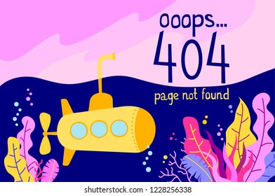 Page not found illustration with submarine under water. 404 error page vector template for website