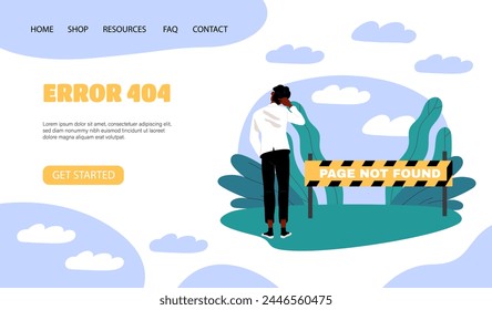 Page not found poster. Man standng near yellow barrier. Error 404. Broken address and link to website. Mistake in webcode. Landing webpage design. Cartoon flat vector illustration