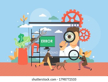 Page not found, system update, website maintenance, vector flat illustration. Tiny people system administrators fixing 404 error. Site, webpage under construction concept.