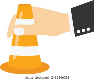 Página no encontrada, Plantilla. La mano humana sostiene el cono de advertencia. 404 error de diseño para la página de Web. Error, errores, problemas de conexión. fondo de Ilustración vectorial plana

